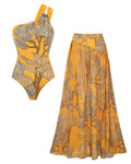 Women’s One-Shoulder Yellow Plant Print Swim Set with Cover Skirt