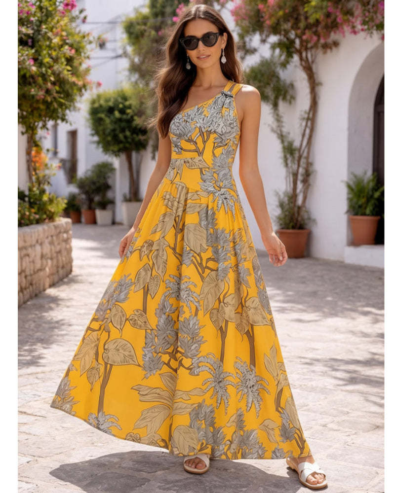 Women’s One-Shoulder Yellow Plant Print Swim Set with Cover Skirt