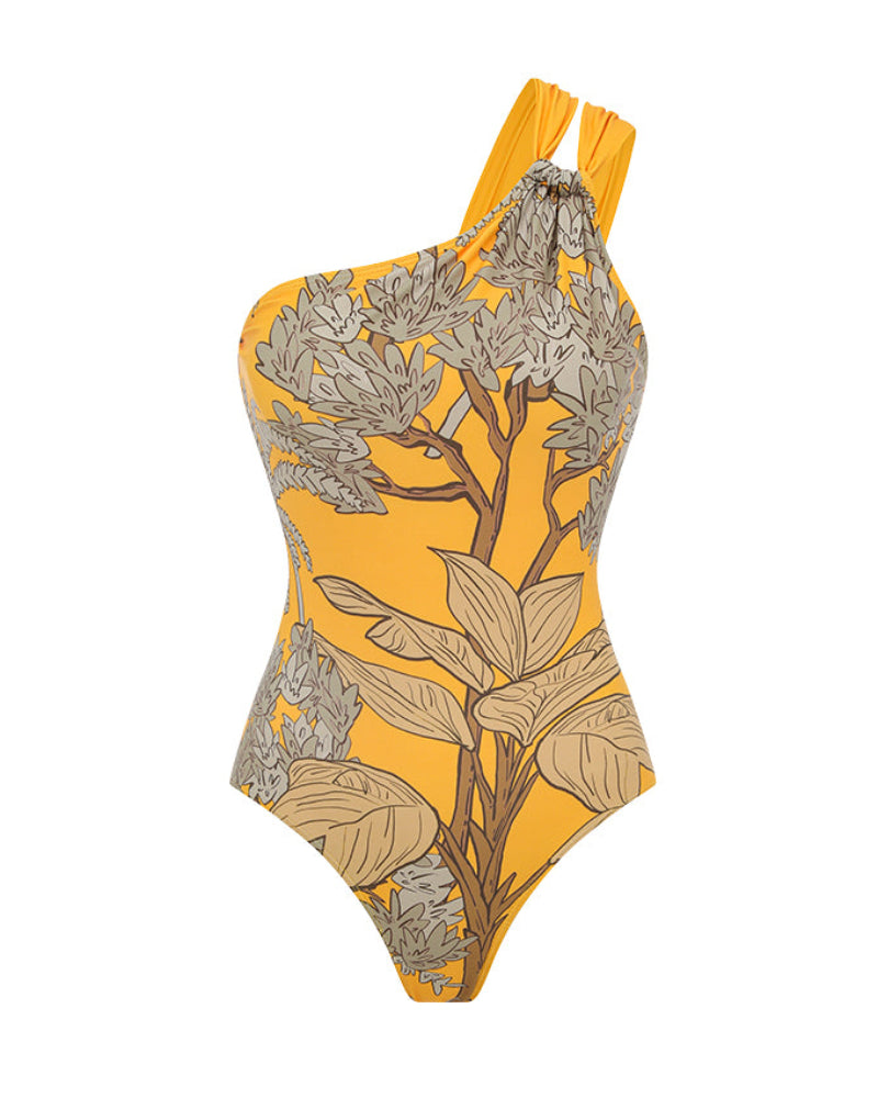 Women’s One-Shoulder Yellow Plant Print Swim Set with Cover Skirt