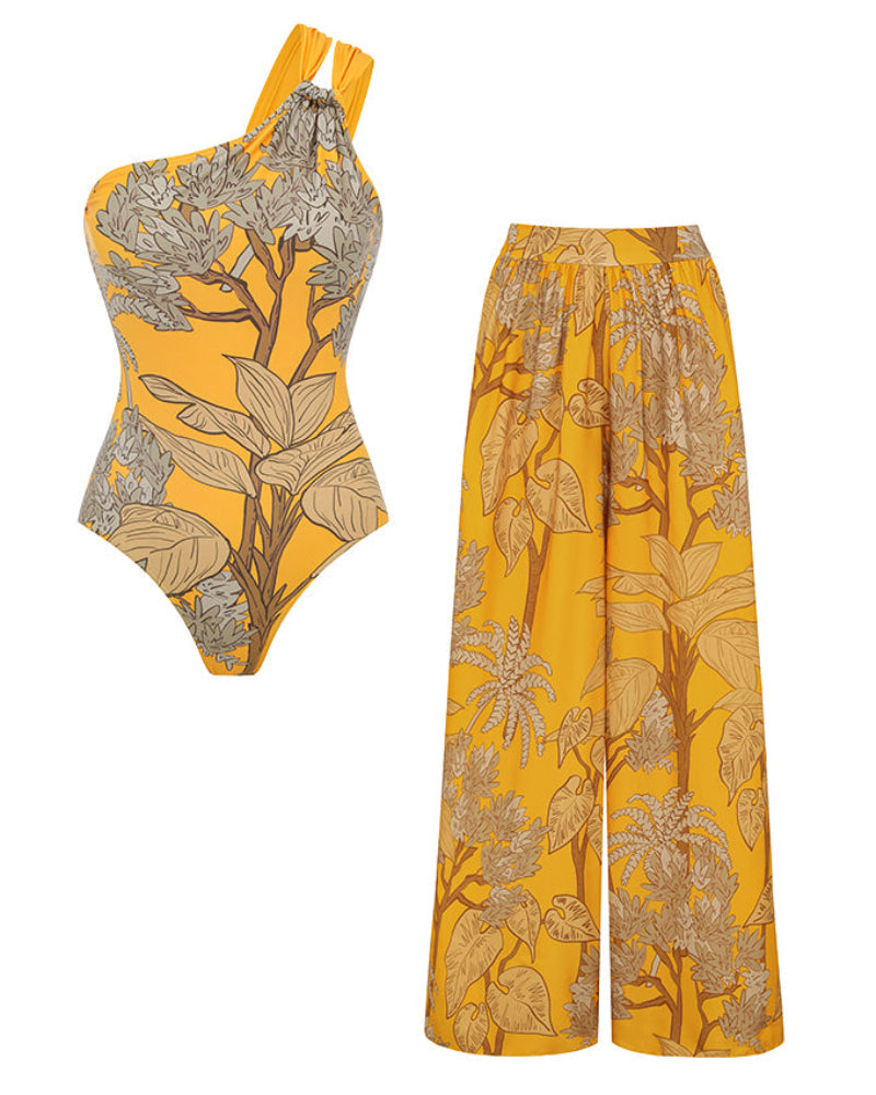 Women’s One-Shoulder Yellow Plant Print Swim Set with Cover Skirt
