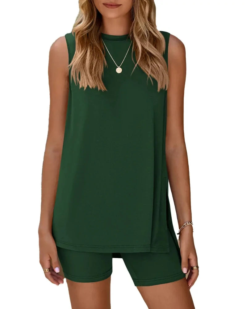 Women’s Sleeveless 2-Piece Summer Lounge Set – Split-Hem Shorts