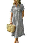 Women’s Midi Striped Shirt Dress – Boho Side Slit, Summer Sundress