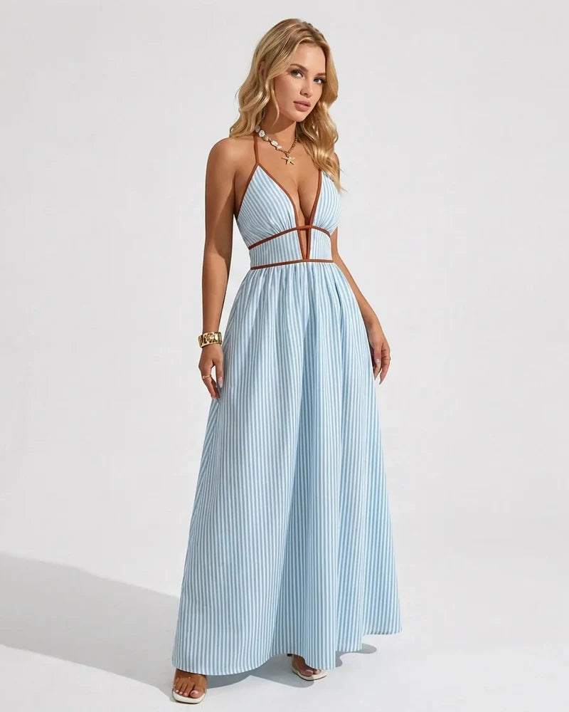 Women’s Pinstripe V-Neck Halter Maxi Dress – Summer Beachwear