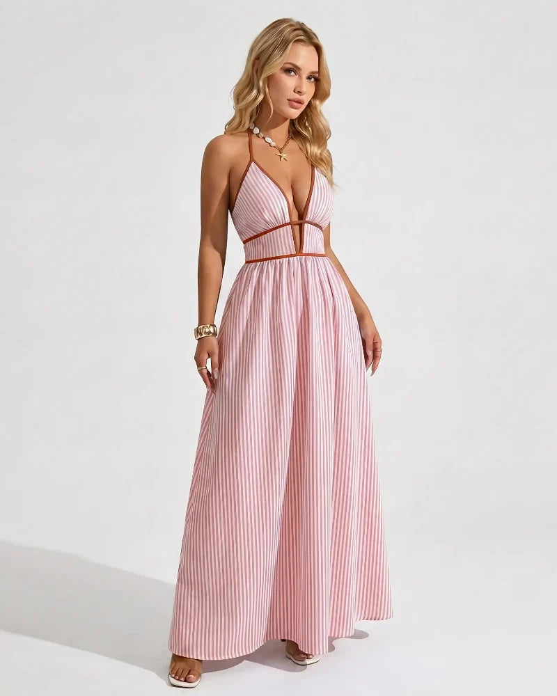 Women’s Pinstripe V-Neck Halter Maxi Dress – Summer Beachwear
