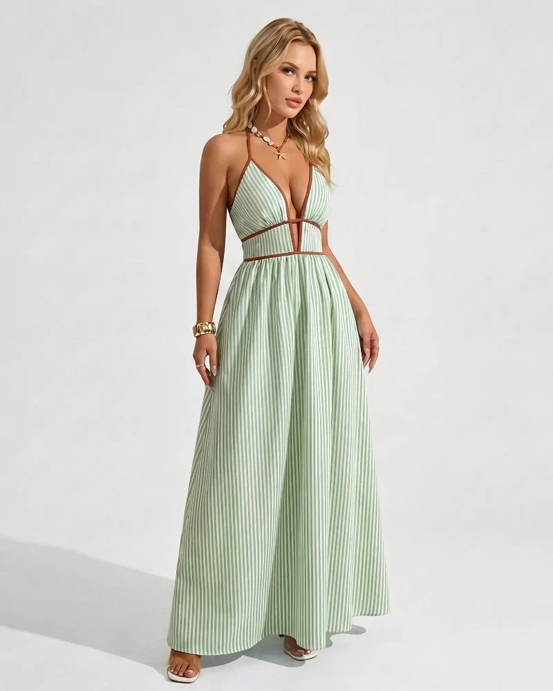 Women’s Pinstripe V-Neck Halter Maxi Dress – Summer Beachwear