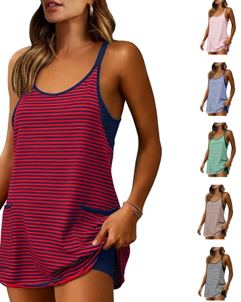 Women’s 4th of July Striped Mini Dress – Built-In Shorts