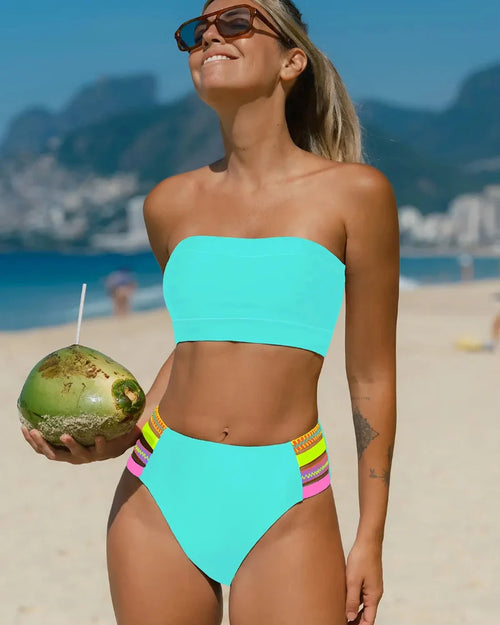 Colorful Stretchy Bikini Set – High-Waist Bottom with Removable Strap