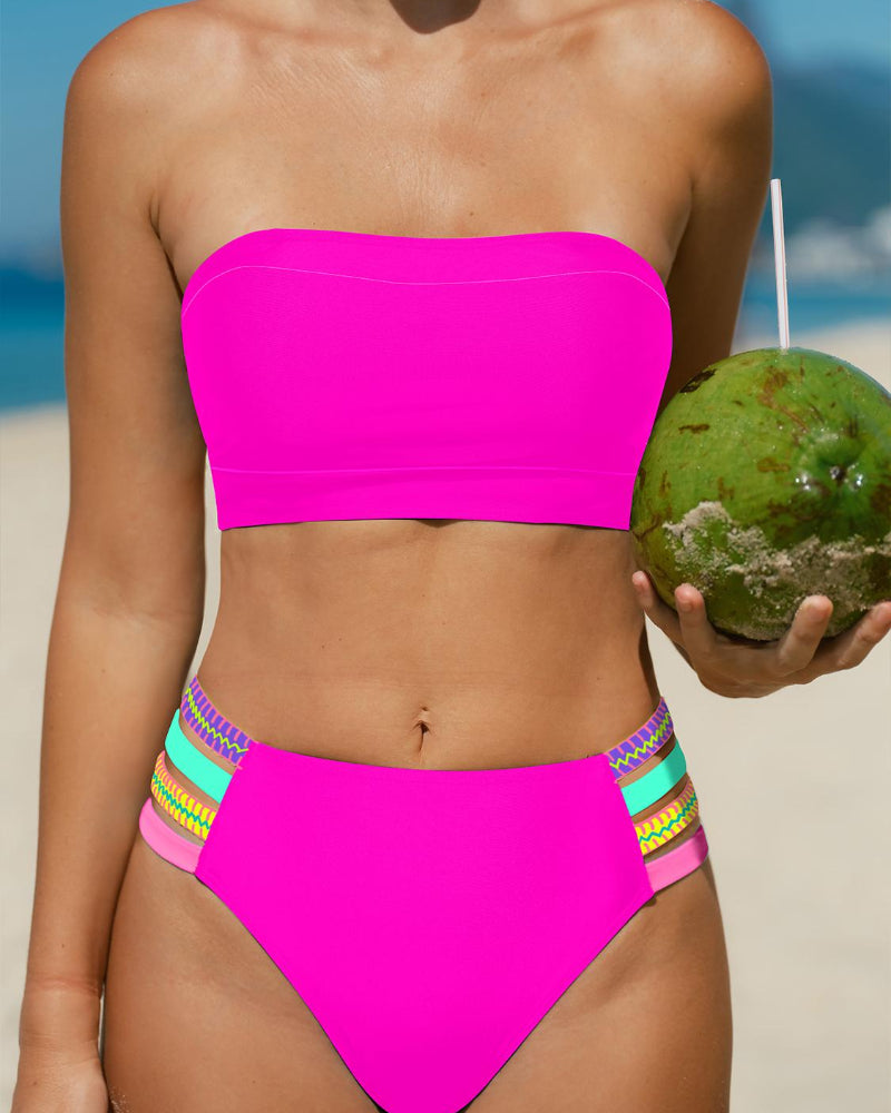 Colorful Stretchy Bikini Set – High-Waist Bottom with Removable Strap