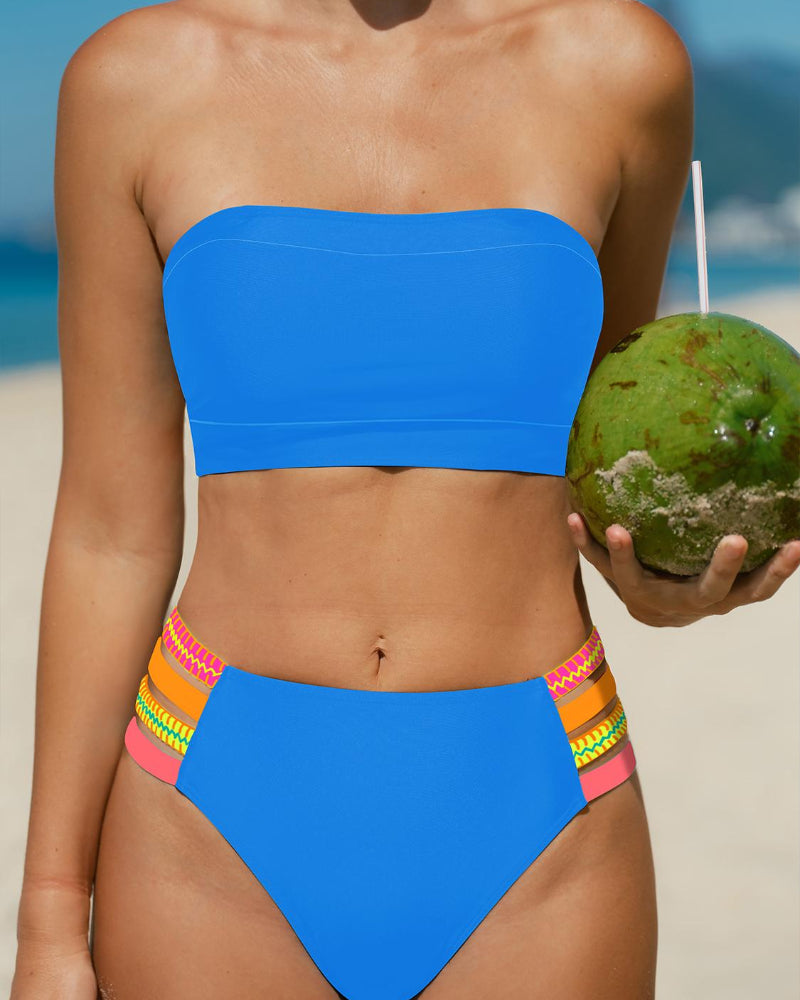 Colorful Stretchy Bikini Set – High-Waist Bottom with Removable Strap
