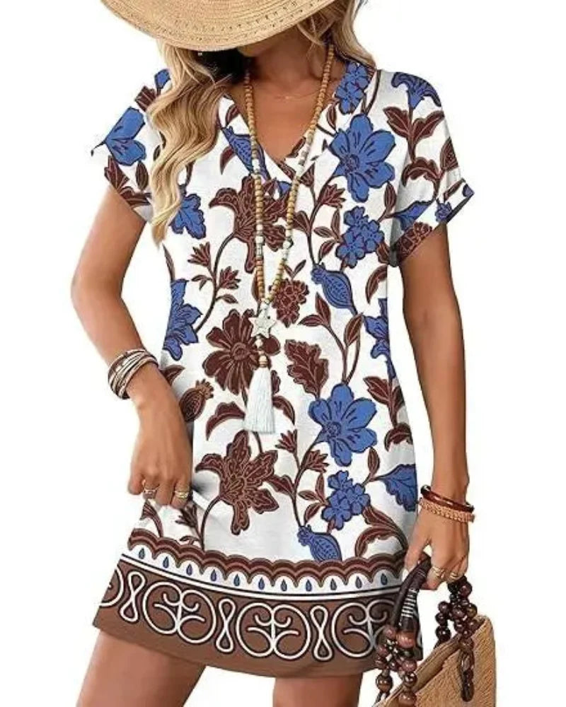 Summer 2026 Women’s V-Neck Casual Short Sleeve Dress Beach Wedding Vacation Wear