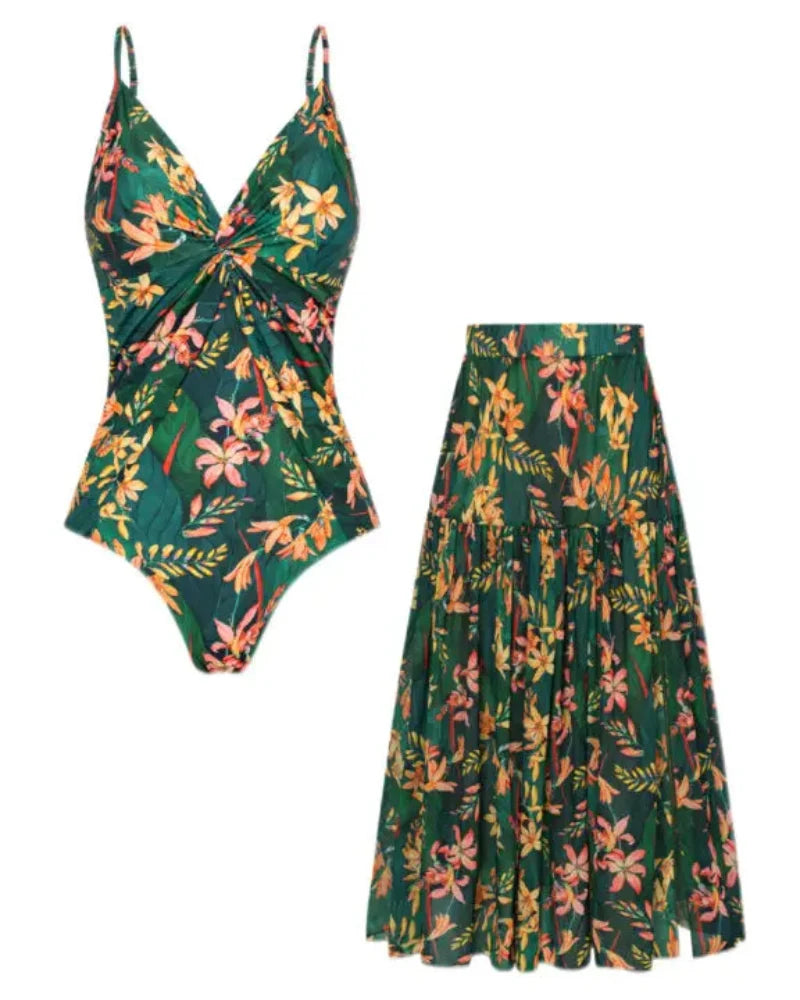 Women’s V-Neck 2-Piece Swim Set with Cover-Up Skirt