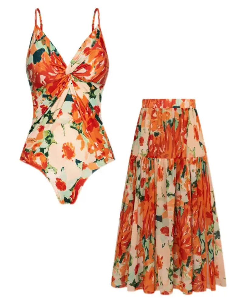 Women’s V-Neck 2-Piece Swim Set with Cover-Up Skirt