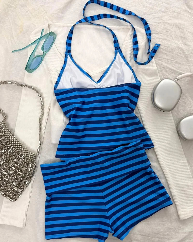 Striped Tankini – Halter Crop Top & Boyshorts Beach Vacation Sporty