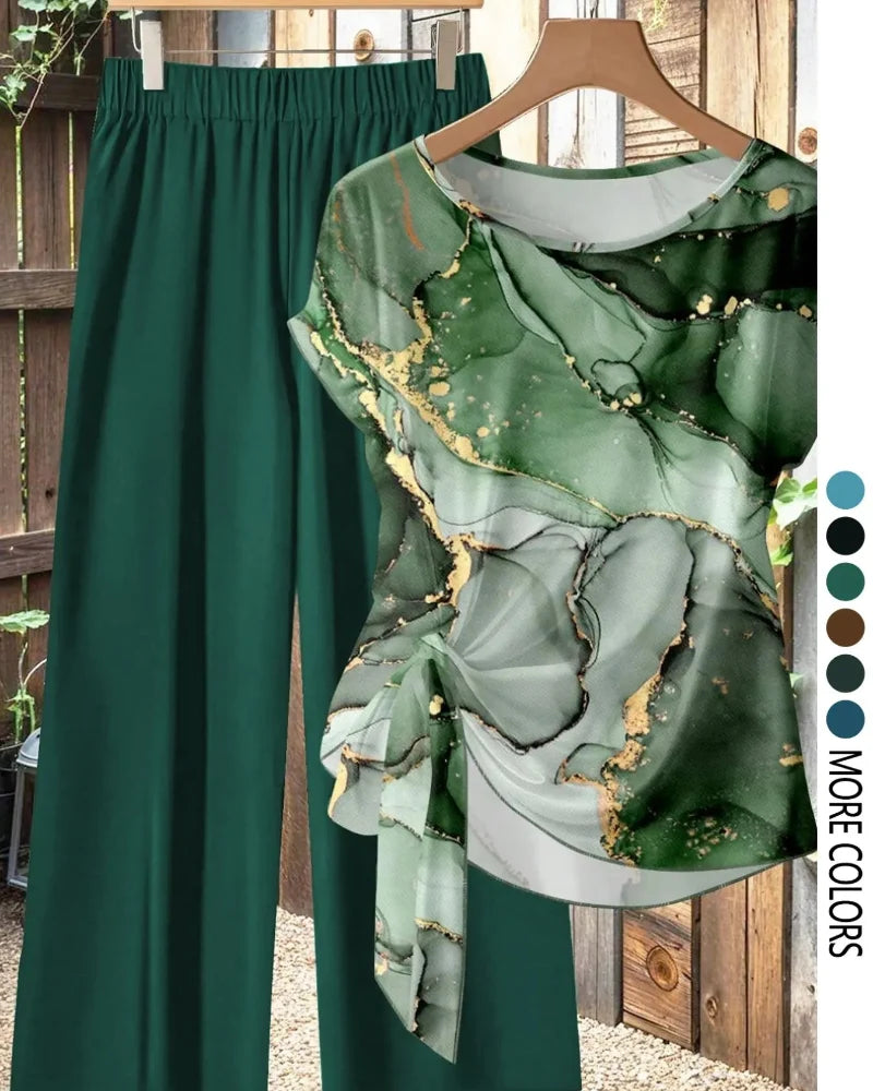Women’s Printed Shirt & Loose Pants Set, Casual Summer 2-Piece Outfit