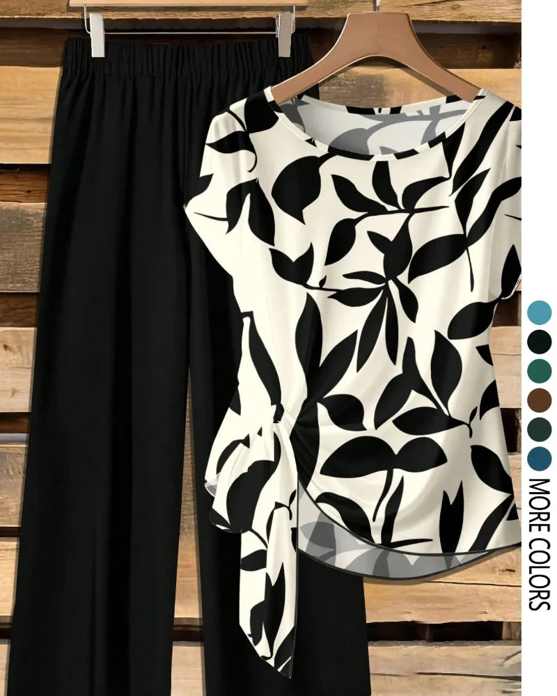 Women’s Printed Shirt & Loose Pants Set, Casual Summer 2-Piece Outfit