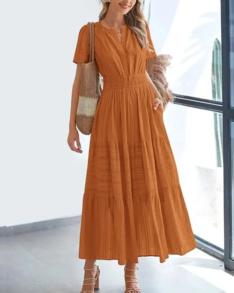 Women’s Boho Maxi Dress, V-Neck Short Sleeve Summer Dress with Pockets