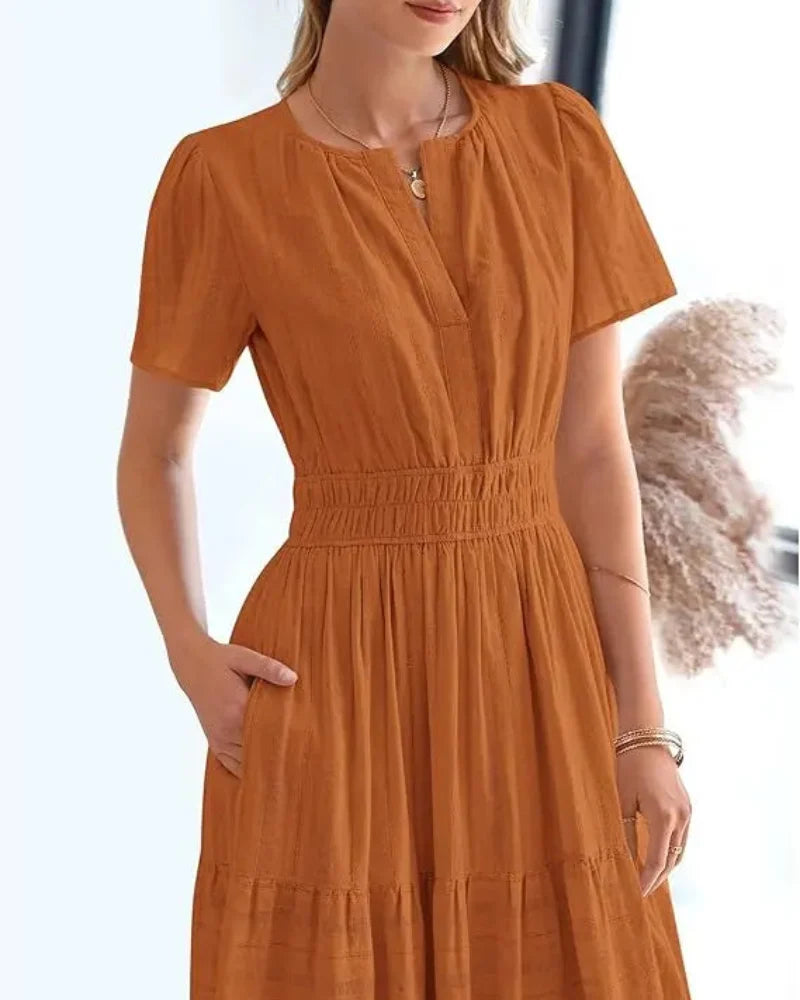Women’s Boho Maxi Dress, V-Neck Short Sleeve Summer Dress with Pockets