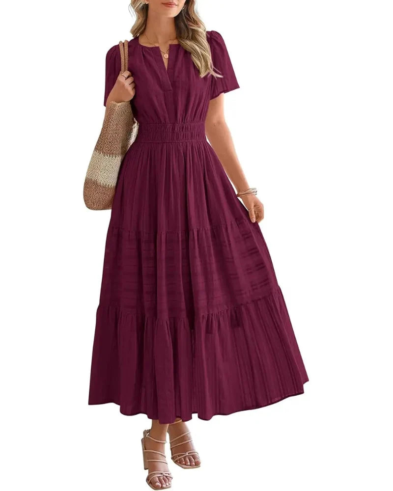 Women’s Boho Maxi Dress, V-Neck Short Sleeve Summer Dress with Pockets