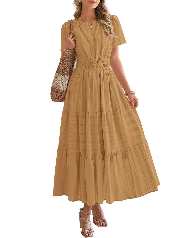 Women’s Boho Maxi Dress, V-Neck Short Sleeve Summer Dress with Pockets