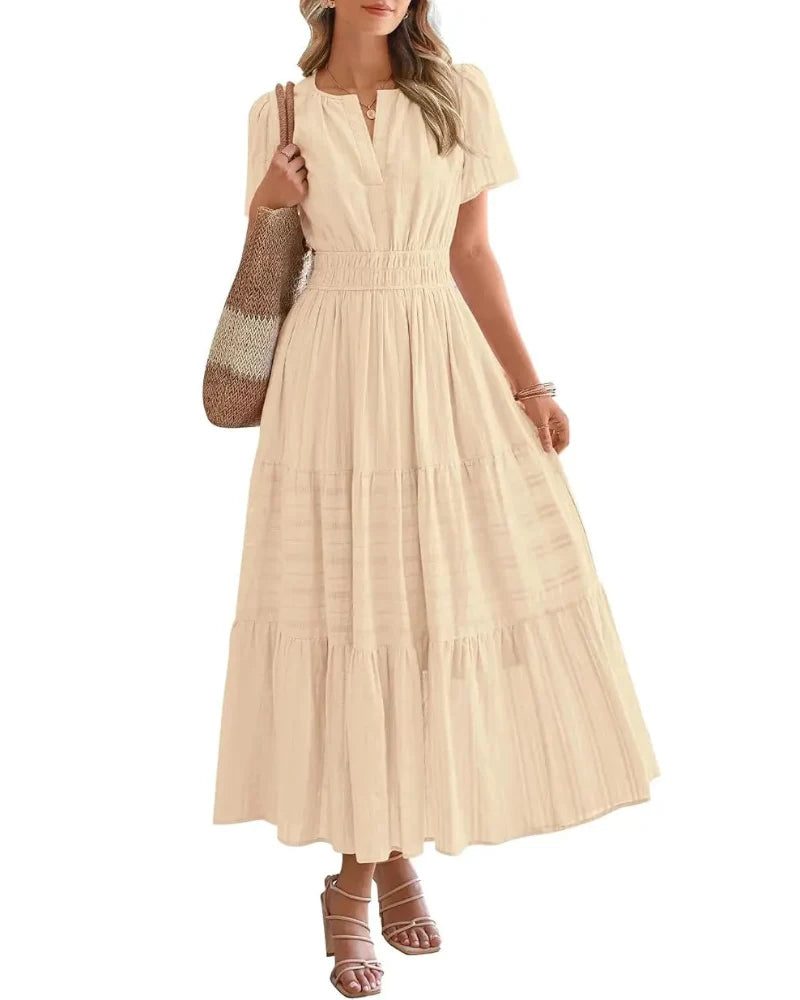 Women’s Boho Maxi Dress, V-Neck Short Sleeve Summer Dress with Pockets
