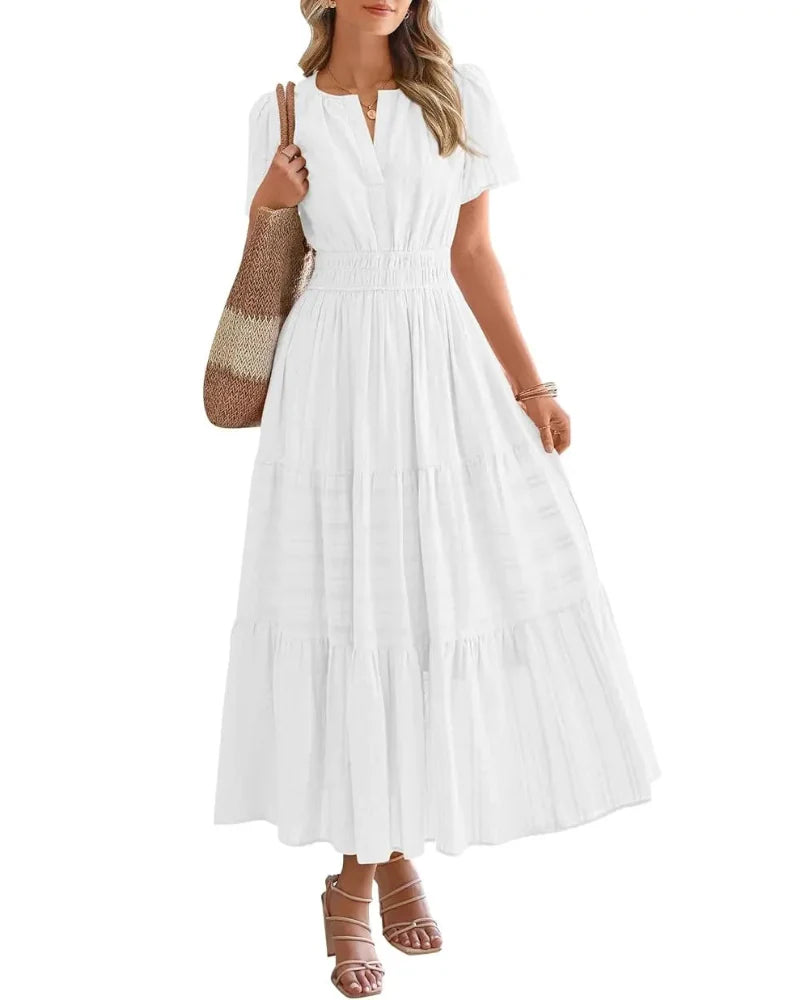 Women’s Boho Maxi Dress, V-Neck Short Sleeve Summer Dress with Pockets