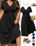 Plus Size V-Neck Ruched Midi Dress Short Sleeve Flowy A-Line Summer Dress