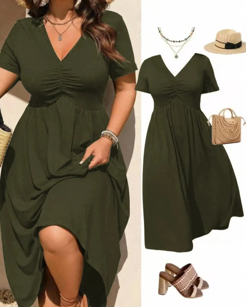 Plus Size V-Neck Ruched Midi Dress Short Sleeve Flowy A-Line Summer Dress