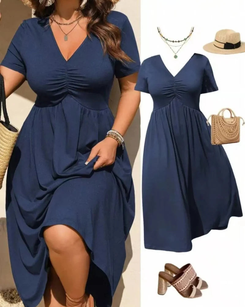 Plus Size V-Neck Ruched Midi Dress Short Sleeve Flowy A-Line Summer Dress