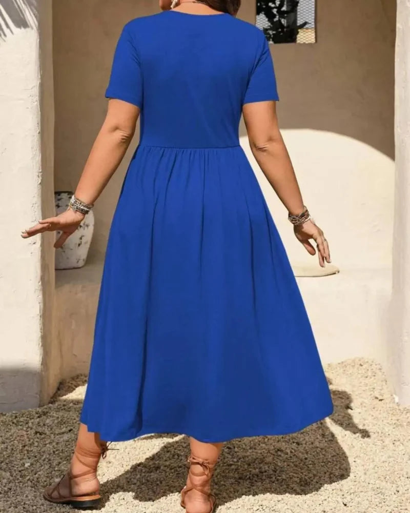 Plus Size V-Neck Ruched Midi Dress Short Sleeve Flowy A-Line Summer Dress