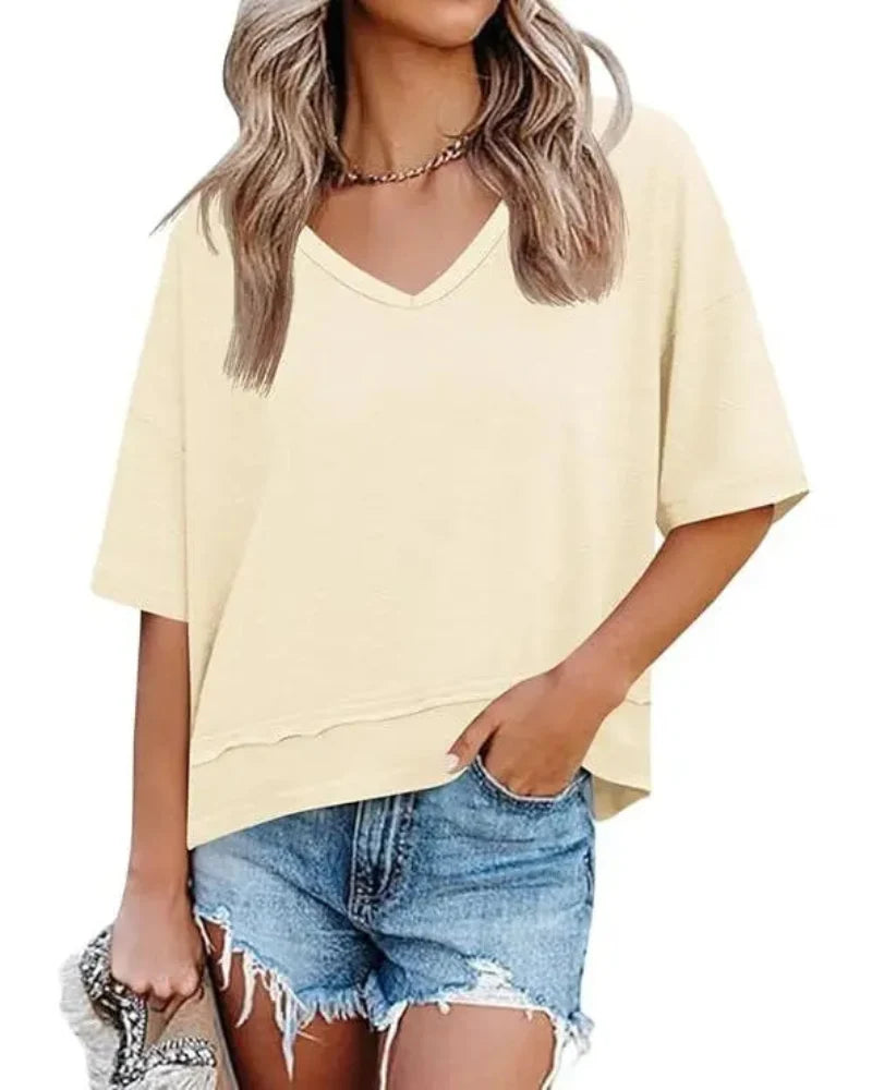 Women's V-Neck Summer Tee, Short Sleeve Loose Fit Casual Top