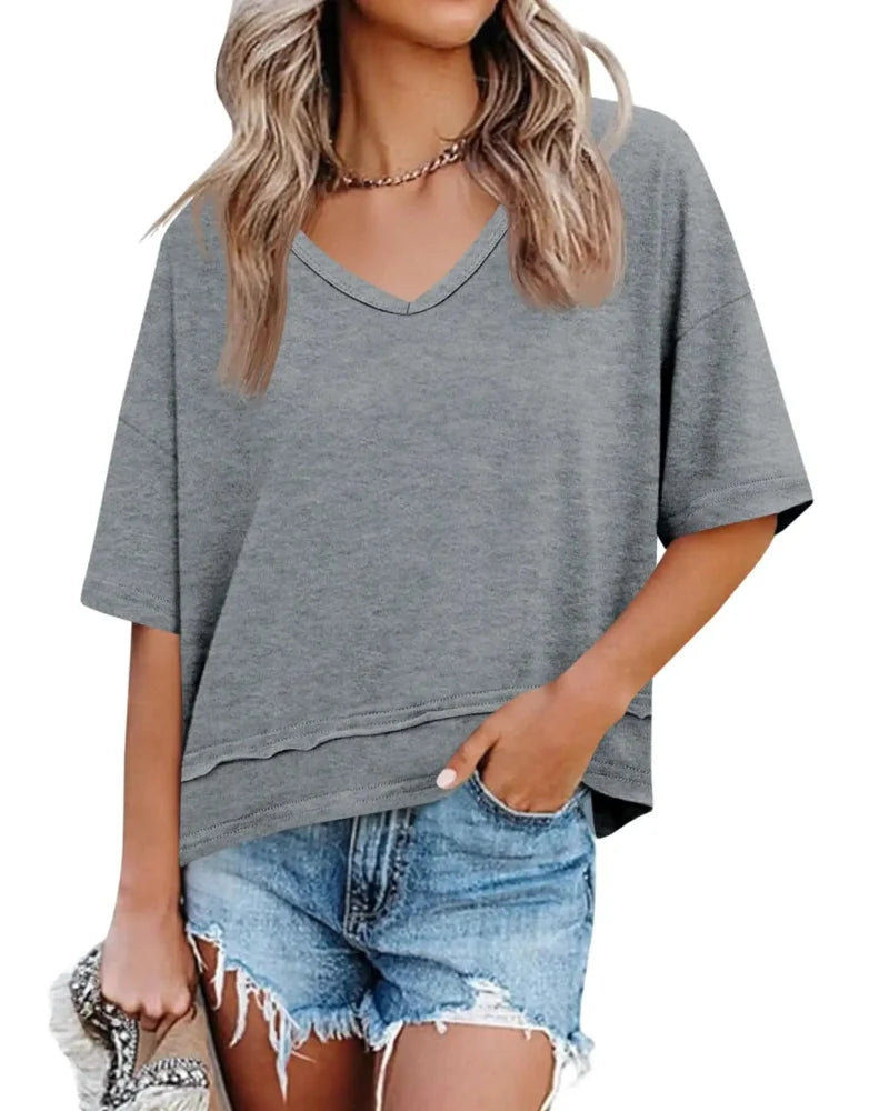 Women's V-Neck Summer Tee, Short Sleeve Loose Fit Casual Top
