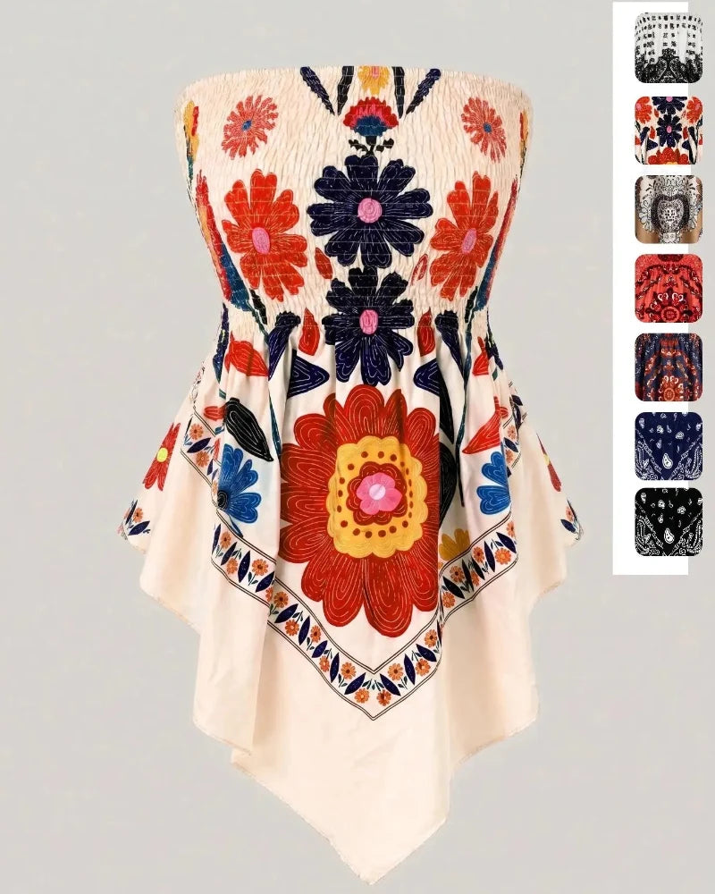 Boho Plus Size Ethnic Print Tube Top Asym Hem