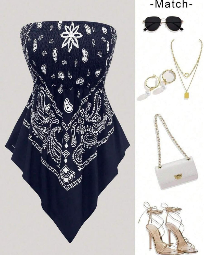 Boho Plus Size Ethnic Print Tube Top Asym Hem