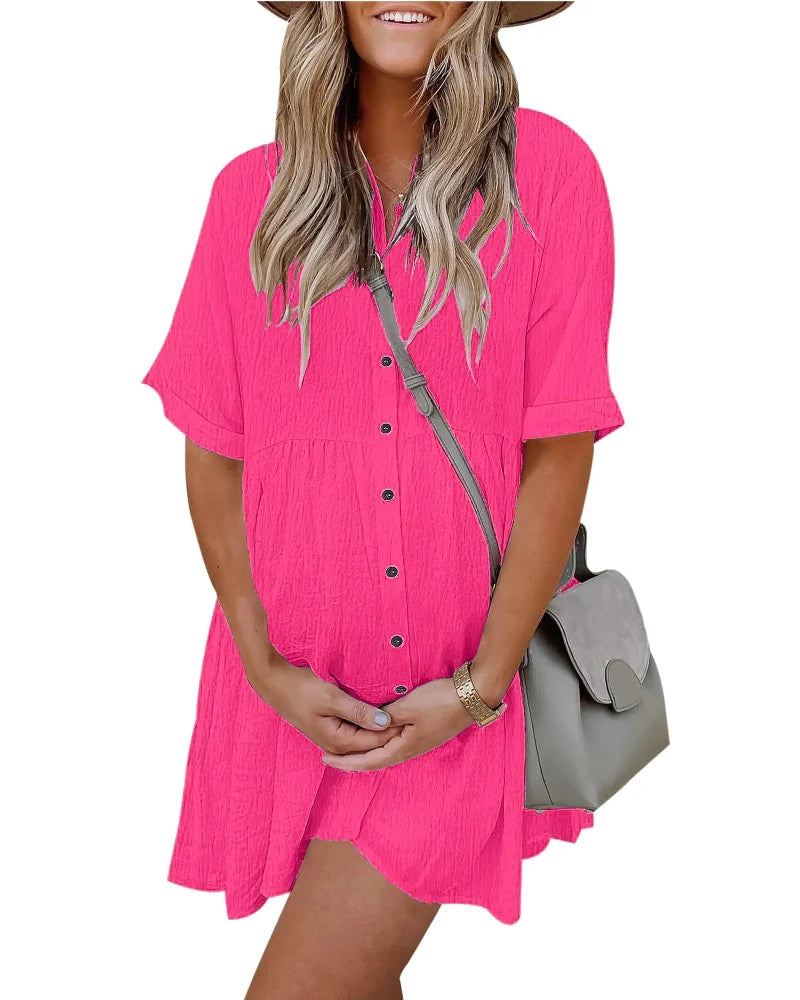 Textured Button-Down Flowy Mini Dress with Pockets