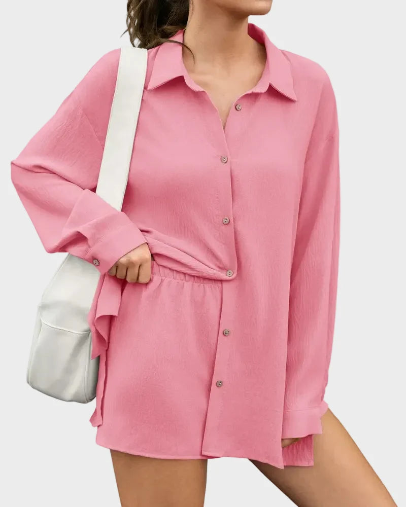 Women Gauze Shirt Shorts Set 2-in-1 Oversized Beach Cover Up Outfit