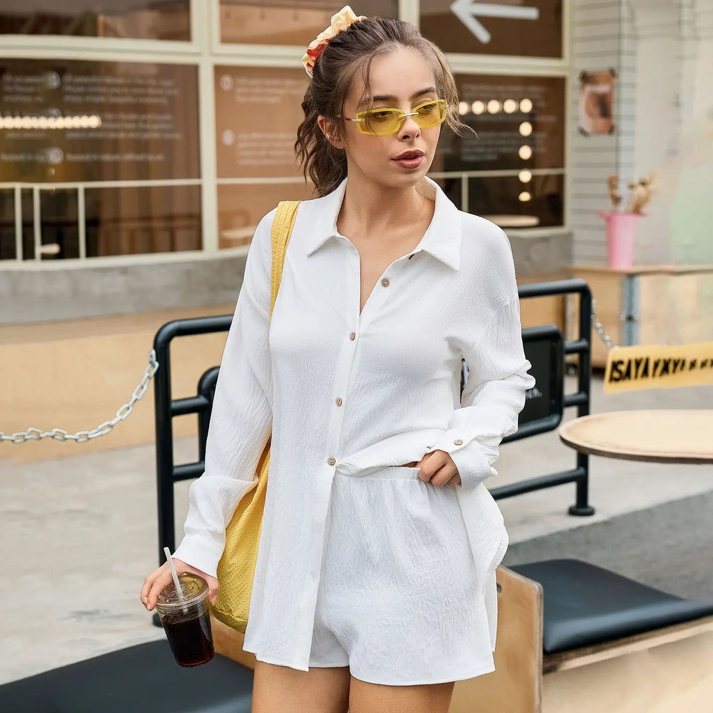 Women Gauze Shirt Shorts Set 2-in-1 Oversized Beach Cover Up Outfit
