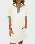 Women Summer Puff Sleeve Mini Dress Quarter Zip Casual Loose Fit Sky