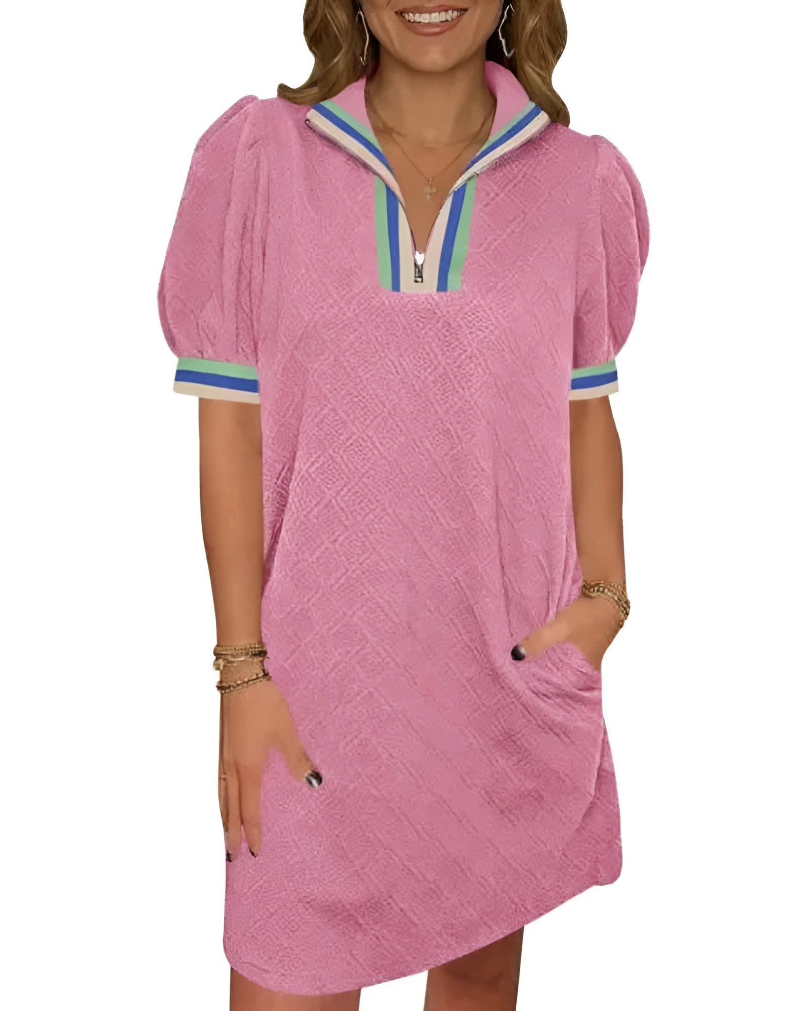 Women Summer Puff Sleeve Mini Dress Quarter Zip Casual Loose Fit Sky