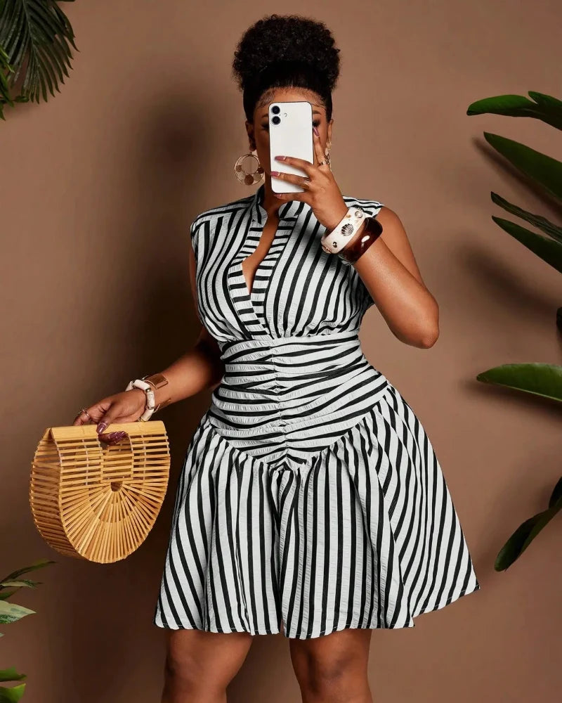 Plus Size Casual Striped Waist Cinched Dress