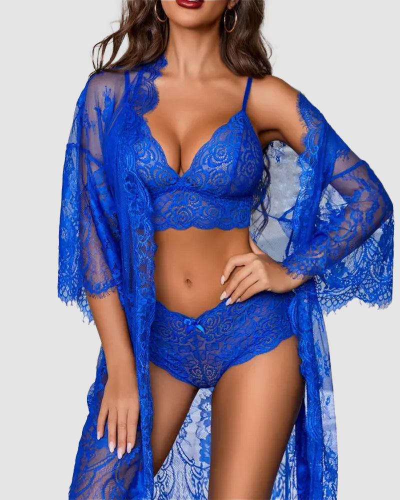 3-Piece Elegant Floral Lace Lingerie Set with Robe