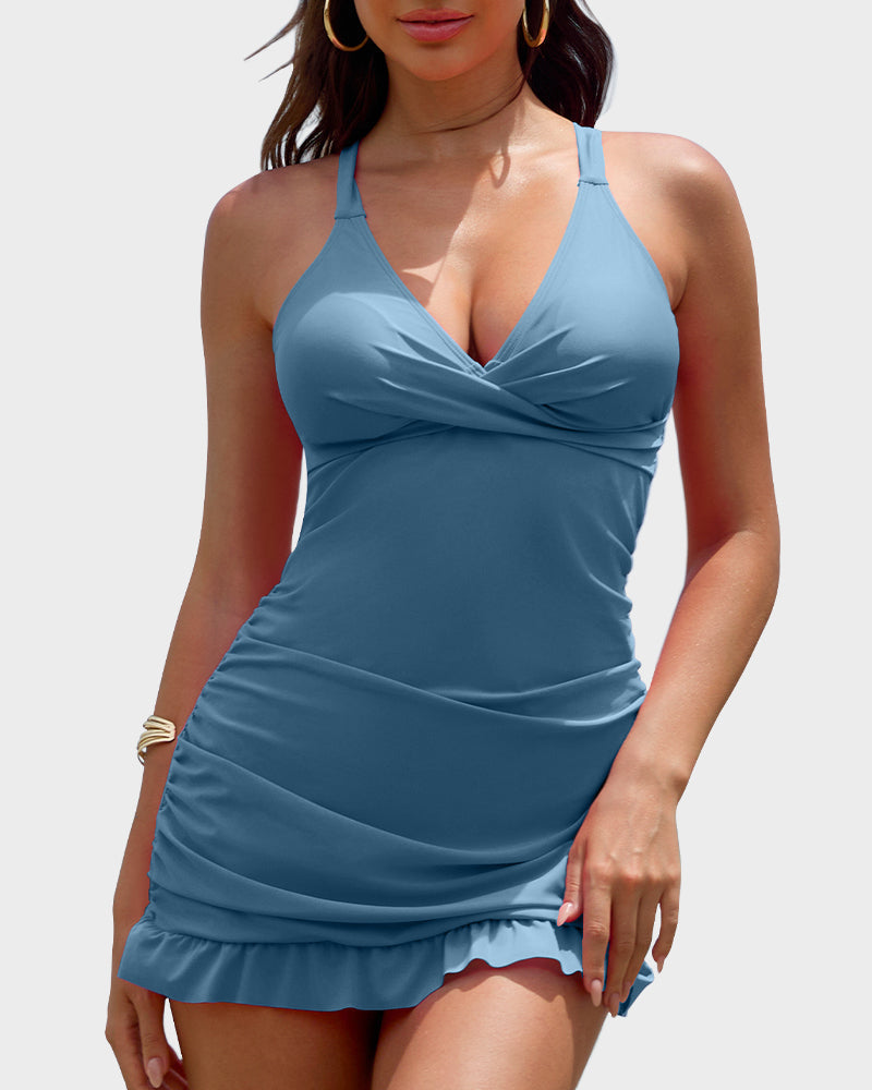 Deep V Cross-Back Ruched One-Piece Swimsuit