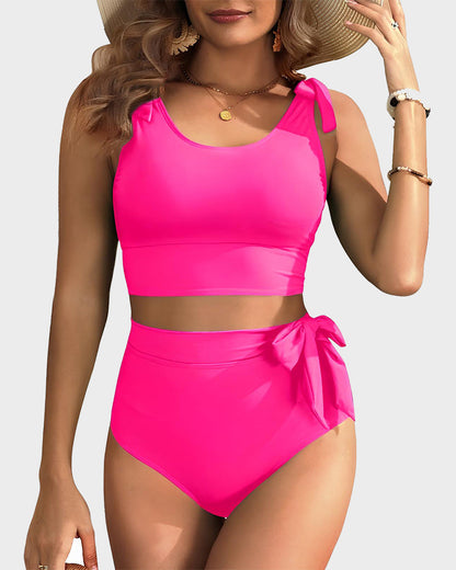 Double Tie Shoulder High Waist Tummy Control Bikini Set