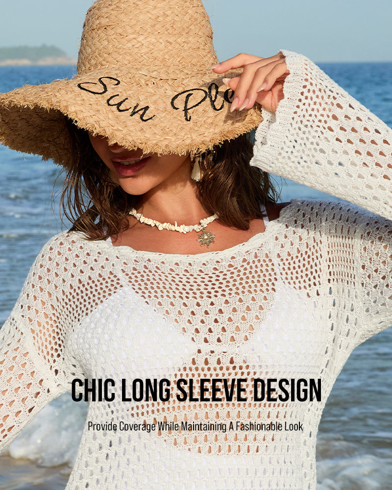 Long Sleeve Crochet Swim Cover Up Beach Dress