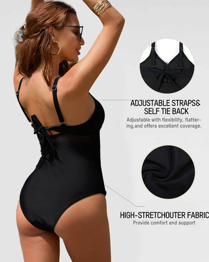 Metallic Accent Mesh Panel One-Piece Swimsuit