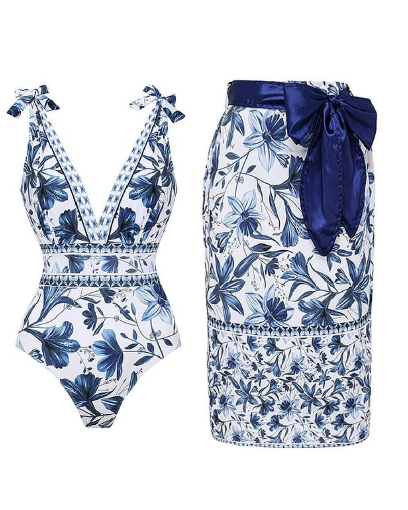 Shapecurve® V Neck Lace Up Strip Plant Prints One Piece Swimsuit and Skirt/Sarong