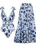 Shapecurve® V Neck Lace Up Strip Plant Prints One Piece Swimsuit and Skirt/Sarong