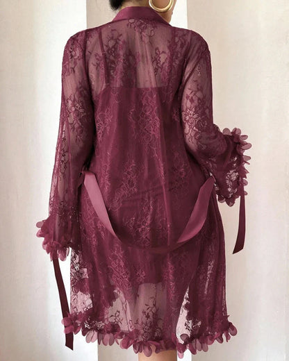 Plus size Lace Cami Nightgown & Floral Lace Trim Wide Sleeve Sheer Robe