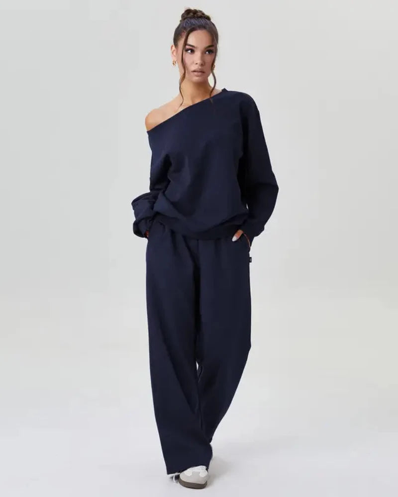 Women’s Cozy Two-Piece Lounge Set – One-Shoulder Long Sleeve Top & Wide-Leg Pants