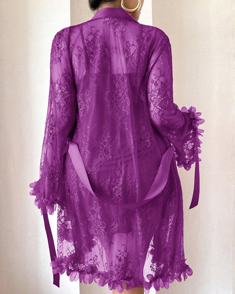 Plus size Lace Cami Nightgown & Floral Lace Trim Wide Sleeve Sheer Robe