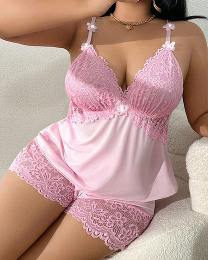Plus Size Lace Satin Cami Pajama Set – Sexy Two-Piece Sleepwear for Women